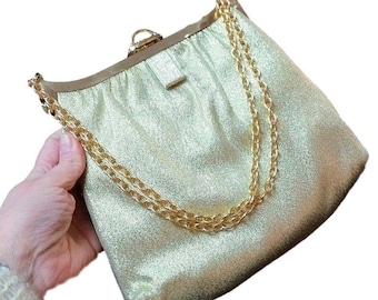 Vintage Metallic Gold Glitter Evening Bag, Gold Chain, 1960s Fashion