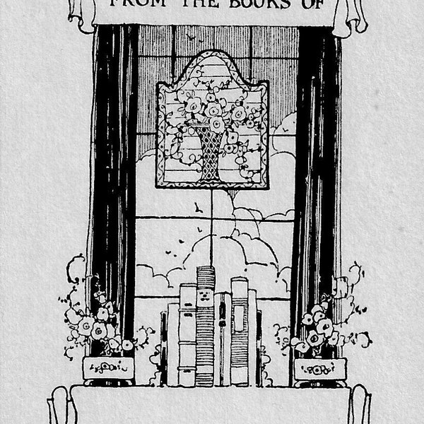 Antique Ex Libris Book Plates Art Deco Library Stack 20's Illustration Digital Download