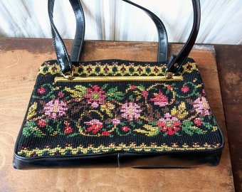 Vintage Needlepoint Tapestry Purse Black w Pink Red Floral Design 60's Fashion Carpet Handbag Roomy