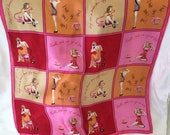 Pink and Red Silk Graphic Head Scarf with Pinup Girls Getting Ready for a Date Illustration Rotary Phone Peach Squares Handkerchief
