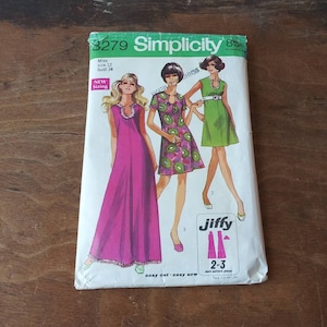 Vintage Pattern Simplicity 8279 Misses Jiffy Dress in Two Lengths 1969 Mini Dress Maxi Dress Colorful Illustrations 60&#39;s Fashion Sewing