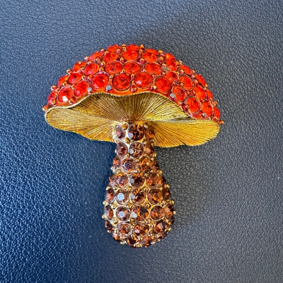 Vintage Rhinestone Mushroom Brooch Pin Gold Red R… - image 1