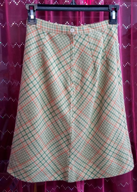 Vintage Skirt Olive, Orange, Tan Plaid A-Line Ski… - image 2