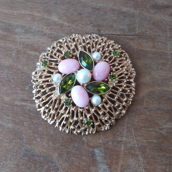 Large Vintage Brooch Golden Burst with Pastel Pink Cabochons Marquis Shaped Olive Rhinestones Faux Pearls 60's 70's Fashion Jewelry Coventry