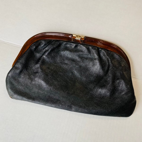 Vintage Italian Handbag Reghi Purse Black Vegan Leather w Faux Tortoise Frame and Silver Clasp 70's Fashion Clutch