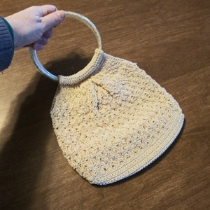 Vintage Purse Macrame Knit Handbag 90's Does 70's Beige Off White Crochet with Circular Tube Handles 90's Bohemian Fashion Bag image 3