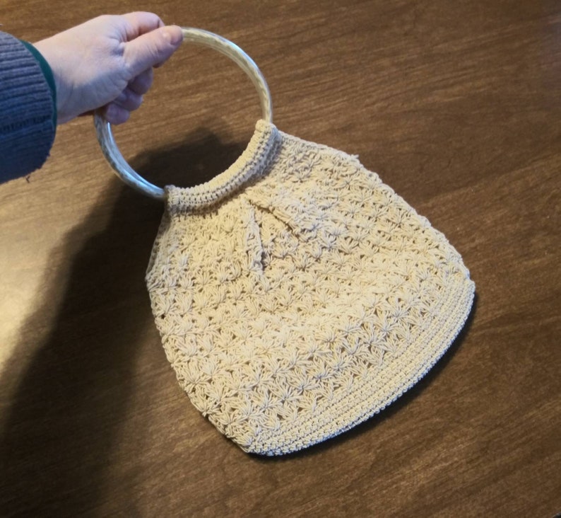 Vintage Purse Macrame Knit Handbag 90's Does 70's Beige Off White Crochet with Circular Tube Handles 90's Bohemian Fashion Bag image 3