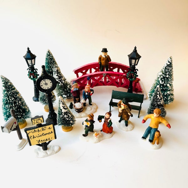 Christmas Village Display Figurines Sold Separately Bottle Brush Trees Folk Art Villages People Animals Lamp Post Bridge Mailbox