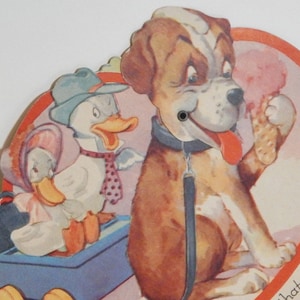 Vintage Valentinstag Grußkarte 1930er Ephemera Entenpaar Umzug Kopf Hund Essen Eis Essen Vintage Papier Liebe Valentinstag