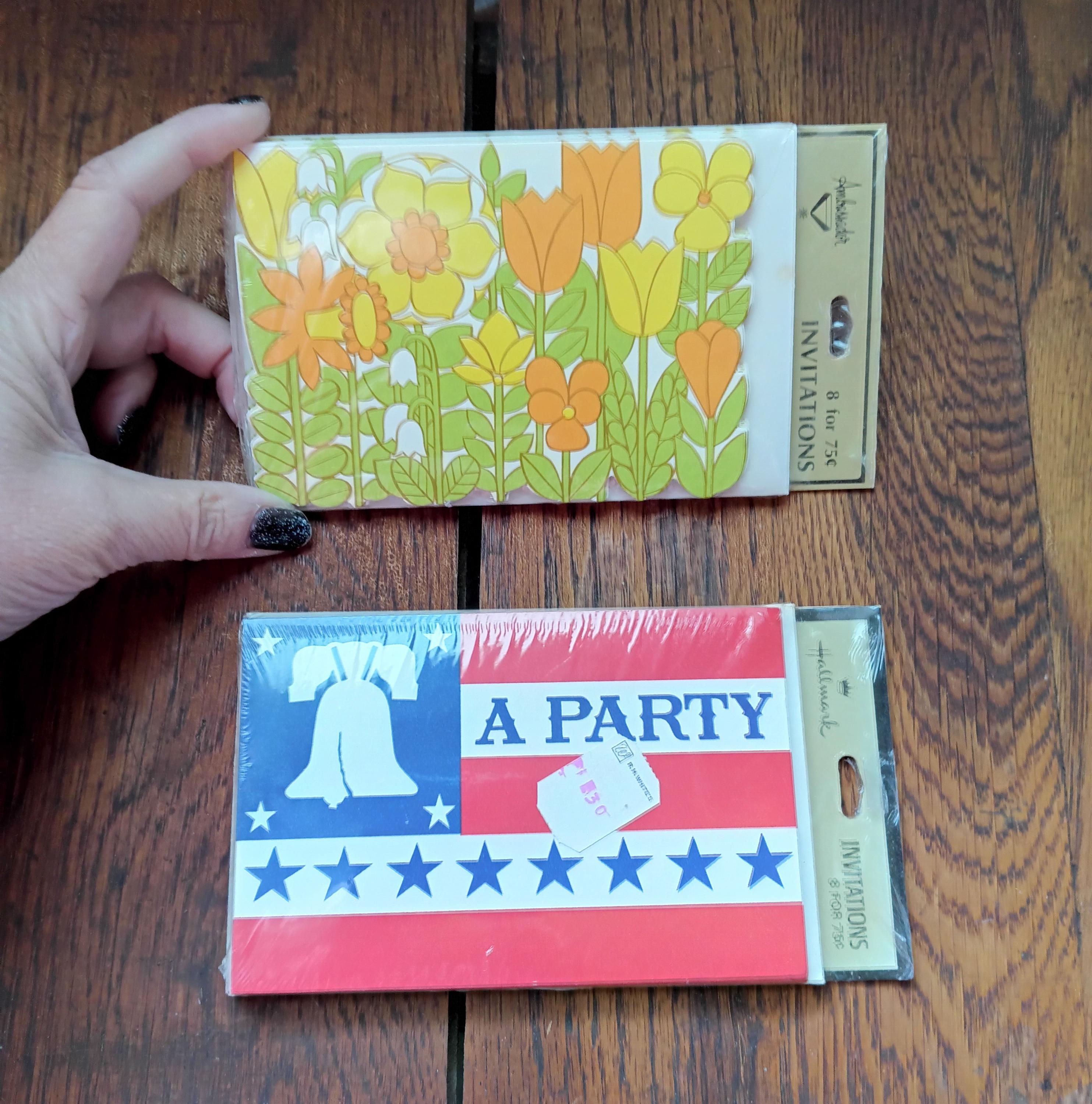 PICK From Vintage Party Invitations Ambassador Groovy 70's Orange Yellow Flower Garden Hallmark 4th of July Liberty Bell Red White Blue Flag