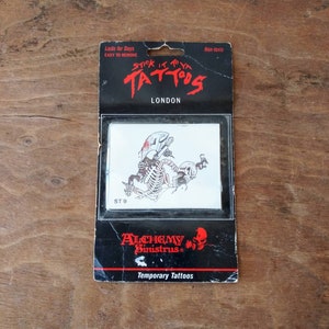 Vintage Temporary Tattoo Stick It To Ya Tattoos London Alchemy Sinistrus 1991 Skeleton Middle Finger Bloody Axe 90&#39;s Rock n Roll Fashion