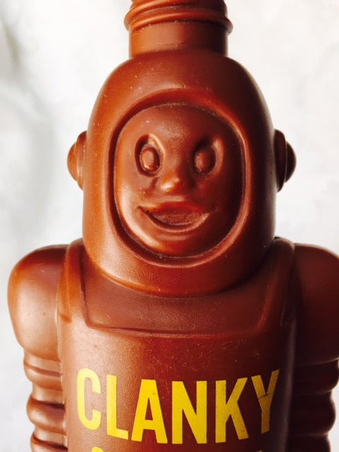 Vintage Clanky Chocolate Syrup Robot Spaceman Bottle Container 60s