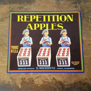 Vintage Fruit Crate Label Repetition Apples 40&#39;s 50&#39;s Mid Century Paper Ephemera Farmhouse Decoupage Red White & Blue