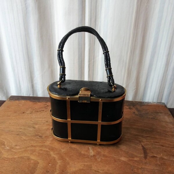 Vintage Cage Purse Black Box Bag w Mirror Etra 50's Mid Century Fashion Handbag