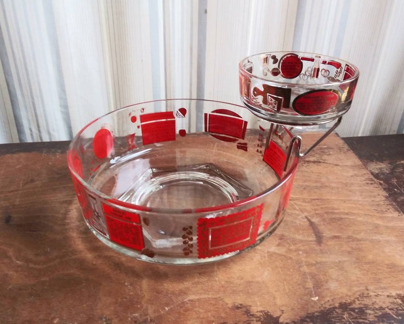 Vintage Glass Chip and Dip Bowl Set Red Gold With Dip Etsy