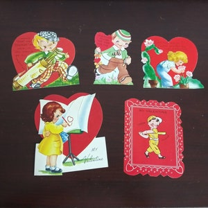 Elija una tarjeta de felicitación vintage para el Día de San Valentín Golf Kite Cactus Artist Little Baseball Player Red Hearts Love Notes School 50's Mid Century