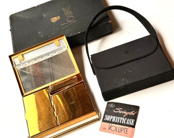 Vintage Compact All in One Face Powder Lipstick Comb Mirror Carryall Swinglok Sophisticase by Volupte Original Box