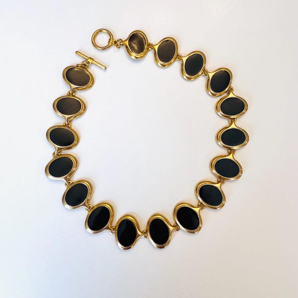 Vintage Black and Gold Enamel Necklace Flat Discs Toggle Clasp Modern Statement Gold Tone Chunky Necklace