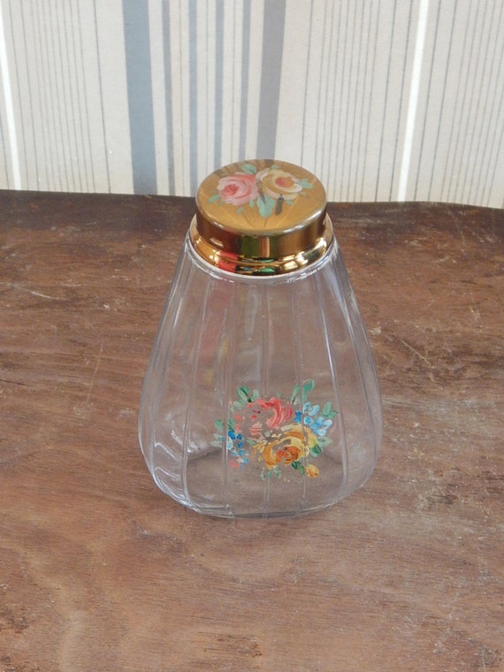Vintage Powder Jar Ribbed Glass Handpainted Pink … - image 4