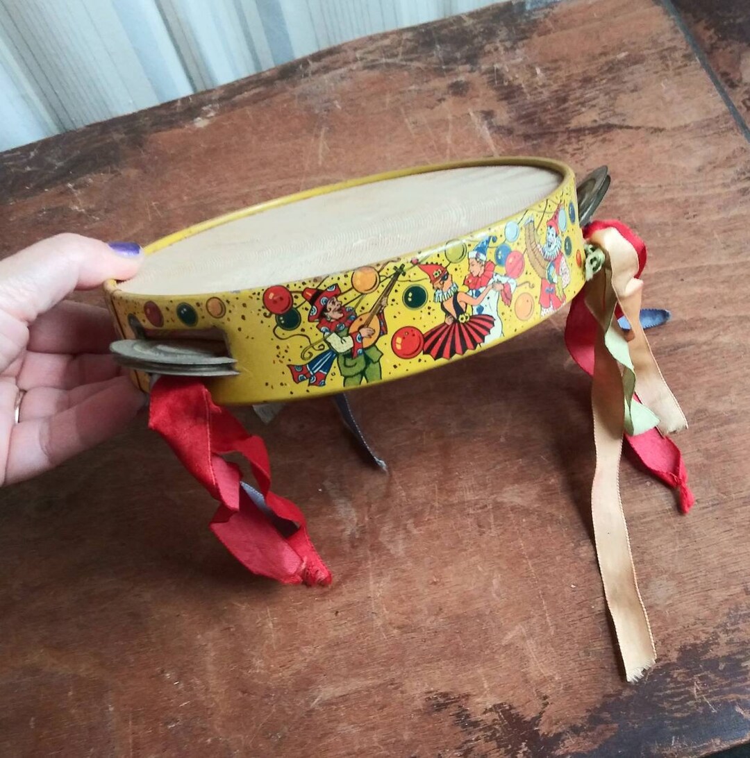 Vintage Tambourine Colorful Ribbons Balloons Party Scene Clown W