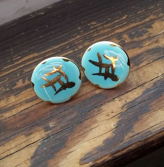 Vintage Earrings Pastel Aqua Blue Circles w Metal… - image 1