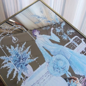 Vintage Decorative Mirror Lady Mirror Fancy 70&#39;s Home Decor Palms Wicker Big Blue Hat Fashion Art Deco Art Nouveau Victorian Shabby Chic