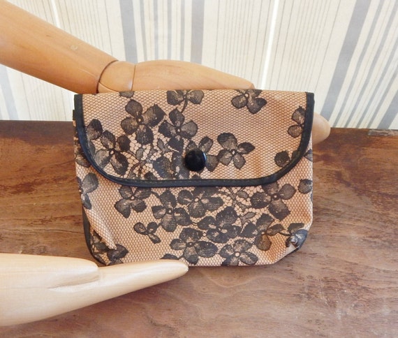 Vintage Makeup Bag Peach Pink & Black Lace Flower… - image 1