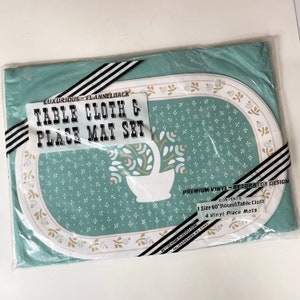 Vintage Round Tablecloth Vinyl Flannel back Aqua Teal 60 Inch with Matching Set of 4 Placemats May Basket