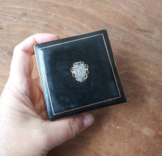 Vintage Compact Black Leather Powder Compact with… - image 1