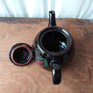 Vintage Brown Betty Teapot, Royal Canadian Art Pottery, Red Floral Design image 6