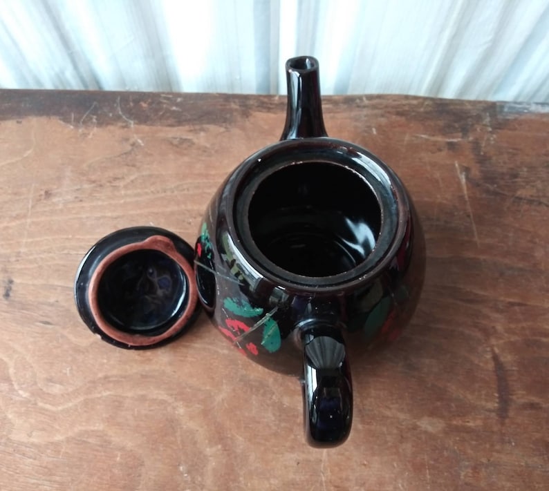 Vintage Brown Betty Teapot, Royal Canadian Art Pottery, Red Floral Design image 6