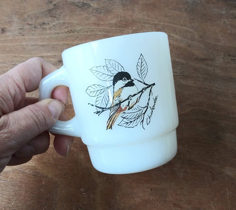 Vintage Fire King Mug Milk Glass Coffee Cup Blue Jay Chickadee image 0