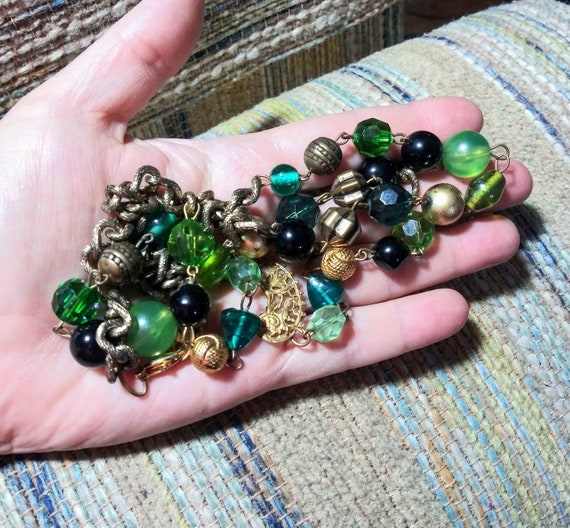 Vintage Necklace Long Chunky Gold Chain W Green Beads Filigree