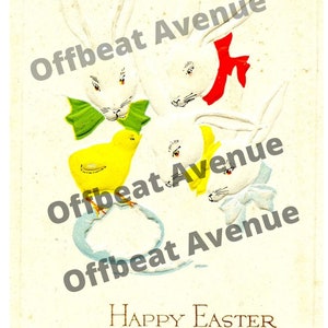 1915 Cartolina di Pasqua JPG Conigli e Chick White sfondo anni 1900 Vintage