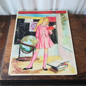 Vintage Puzzle Skipper at School Globe Pink Fashion Barbie 1965 Whitman Made in USA 60&#39;s Mid Century Children&#39;s Toy Puzzle
