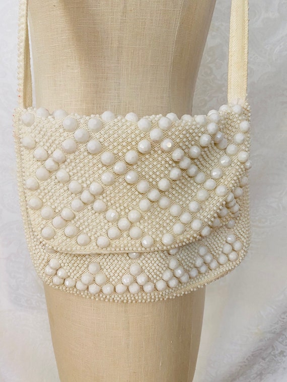 Vintage Beaded Purse | White Beaded Shoulder Hand… - image 1