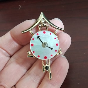 Vintage Brooch Mother of Pearl Face Cuckoo Clock Brooch with Rhinestone Center 50&#39;s Mid Century Fashion Jewelry
