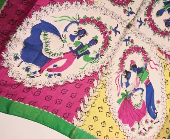 Colorful Vintage Scarf Greek Dancers Birds Flower… - image 1