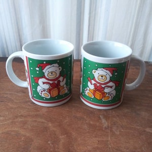 Pair of Vintage Christmas Teddy Bear Mugs 1988 Houston Foods White Bear Red Scarf Golden Balls & Presents Ceramic Mug Set 80&#39;s Christmas