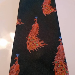 Vintage Necktie Colorful Peacocks w Forest Green Background 60s 70s Fashion Polyester
