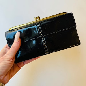 Cartera vintage con monedero para mujer, porta chequeras, charol negro