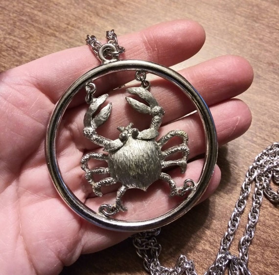 Vintage Necklace Large Round Zodiac Cancer Crab C… - image 3