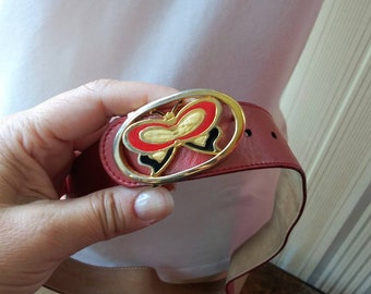 Vintage Red Leather Belt, 1970s Butterfly Buckle