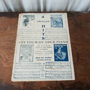 May include: A vintage sheet music cover with a blue and white design. The cover features the text "4 American Hits" and "Try Them On Your Piano". The cover also includes images of a birdhouse, a woman in a white dress, and a woman in a blue dress.