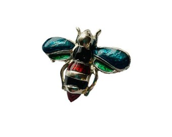 Vintage Bee Pin Bee Brooch Insect Pin Enamel Jewelry Silver Blue Red and Green Enamel Hornet Brooch