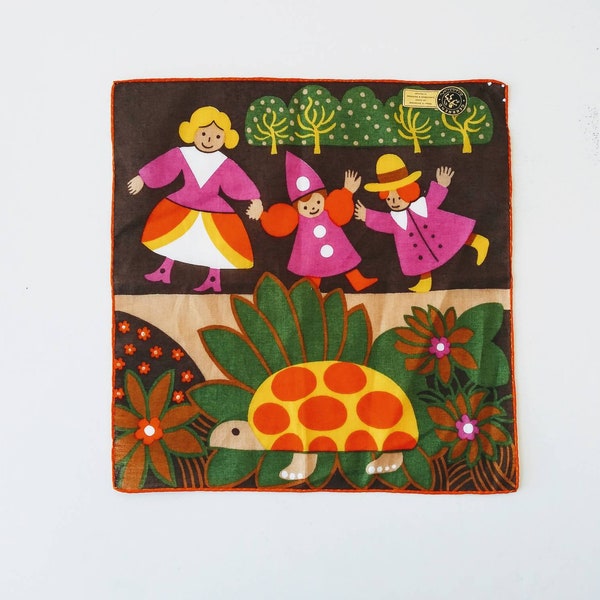 Vintage Cotton Handkerchief Gerbrend Creations Woven Switzerland Embroidered & Hand Rolled Portugal 70's Fashion Bright Fairy Tale Turtle