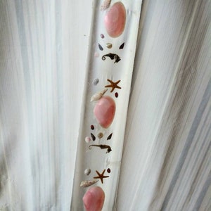 May include: A clear glass tube filled with various seashells, starfish, and seahorses. The tube is decorated with pink seashells, white seashells, and brown seahorses.