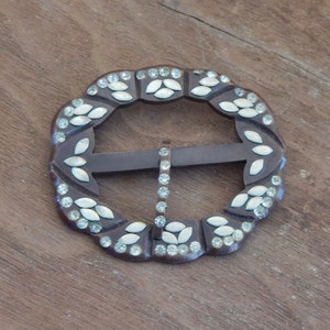 Vintage Belt Buckle Brown Carved Celluloid W Rhinestones & Silver Metal ...