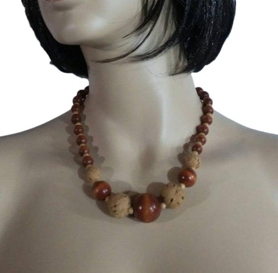 Vintage Necklace Wood & Cork Beads Natural Brown T