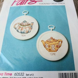 Vintage Counted Cross Stitch Kit Tea Time Pairs Candamar Designs 1994 Colorful Teapots Teapot Pair